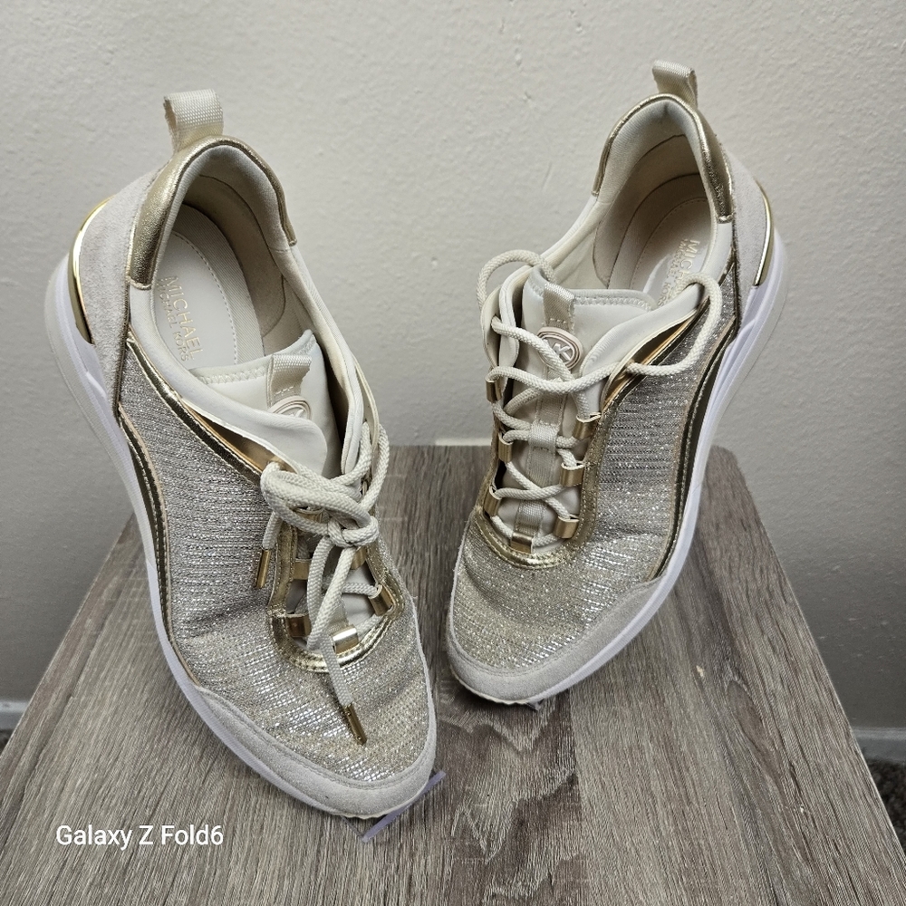 Michael‎ Kors Metallic Gold Wedge Sneakers 9.5M Textured Knit Leather Upper